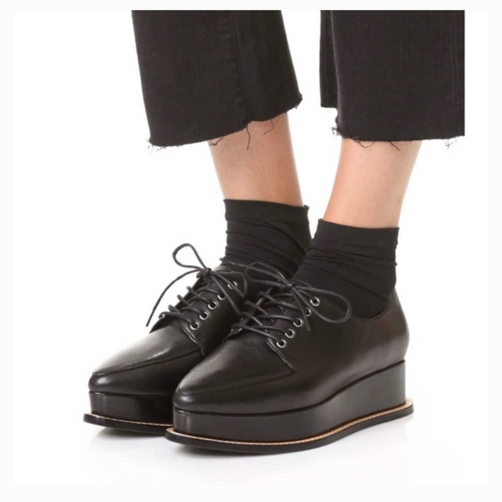 Opening Ceremony Black Leather Pointed Derby Oxfords with Brown Trim